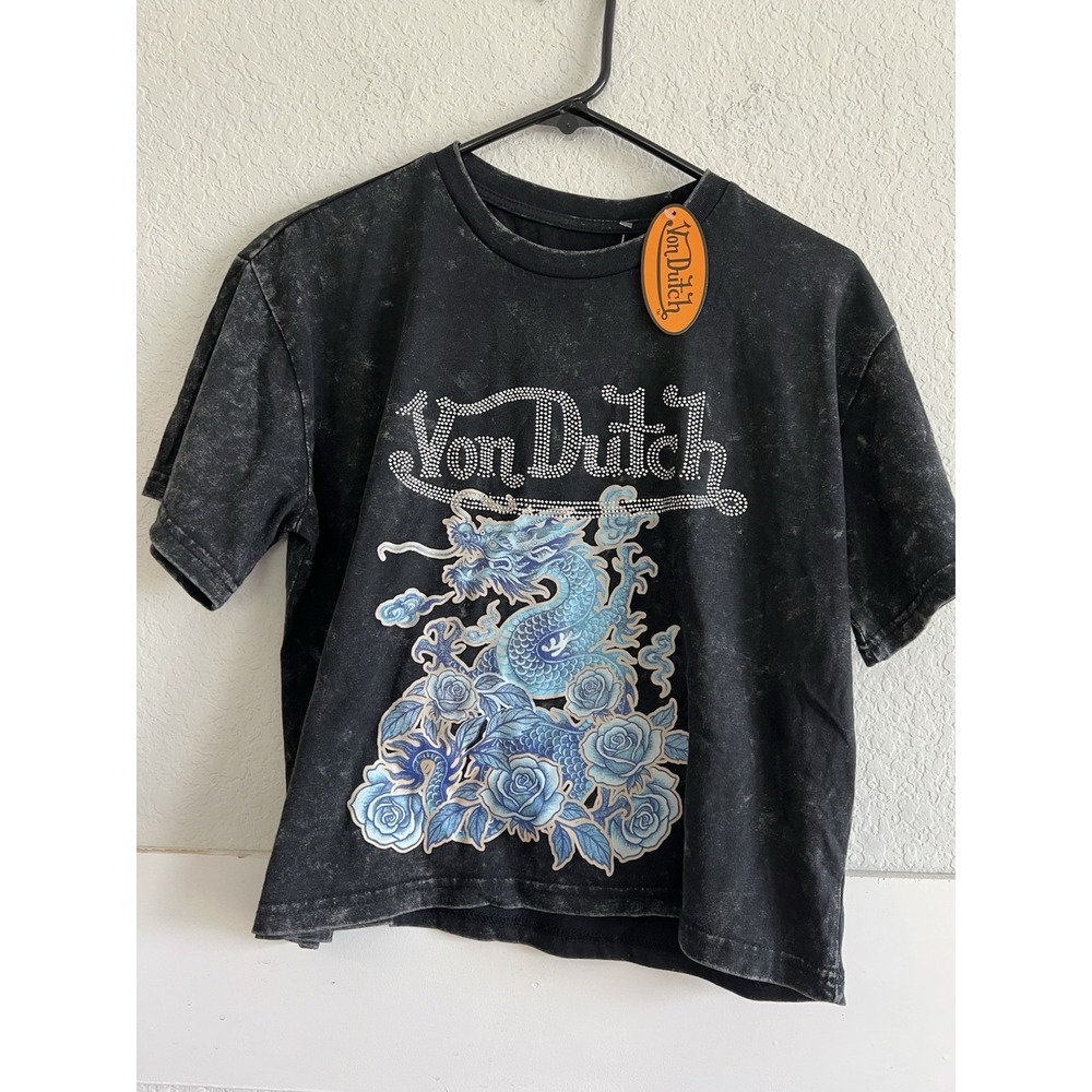 VON DUTCH DRAGON FLORAL RHINESTONE CROPPED TEE SHIRT WOMEN SIZE L